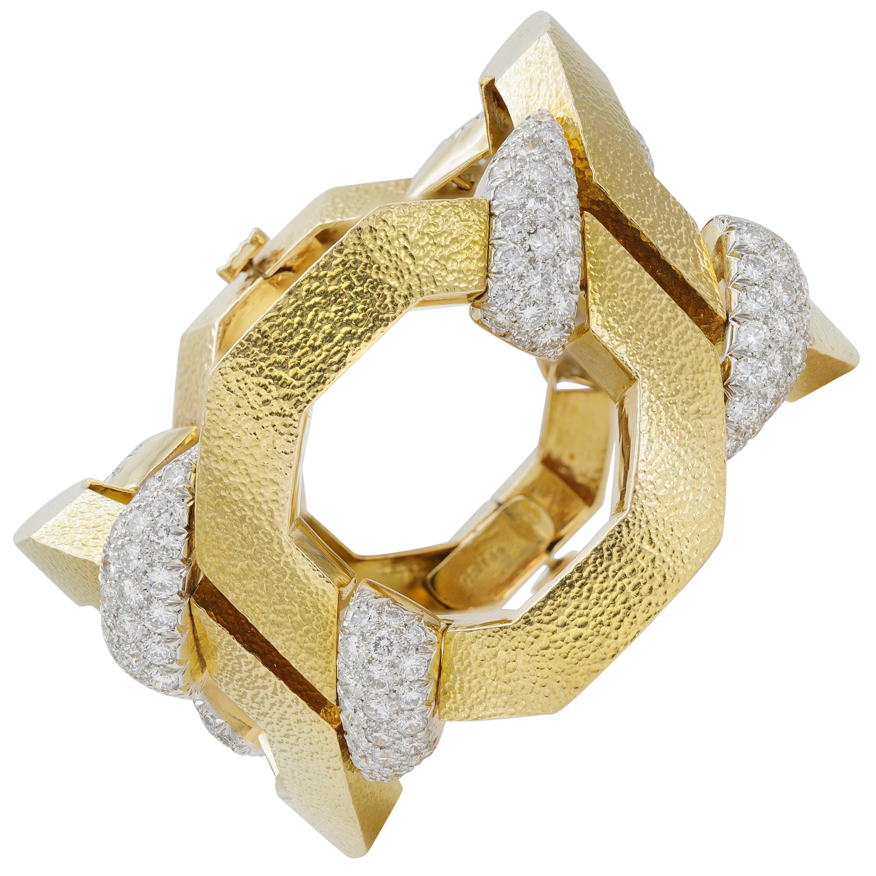 David Webb Hammered Gold "Juno" Bracelet with Diamonds For Sale