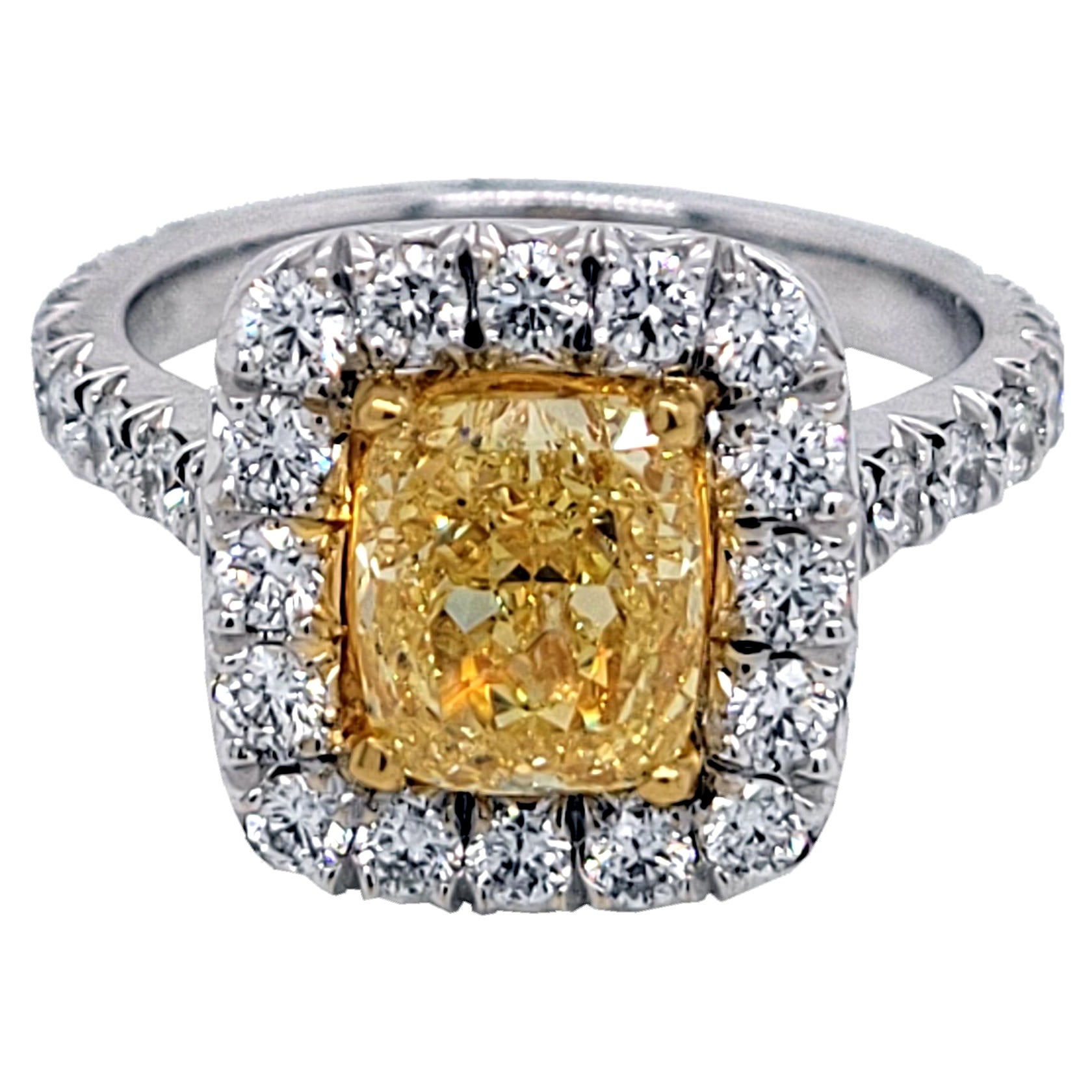 GIA 1.81 Carat Fancy Intense Yellow French Pave Set 18 Karat Ring with Halo For Sale