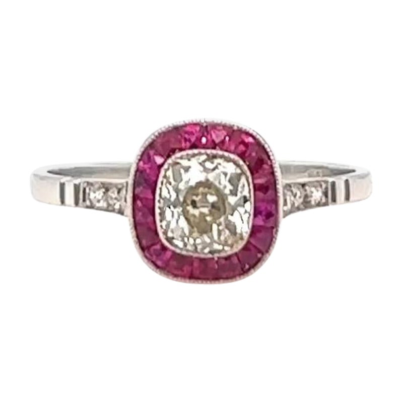 Art Deco Inspired Diamond Ruby Platinum Engagement Ring For Sale