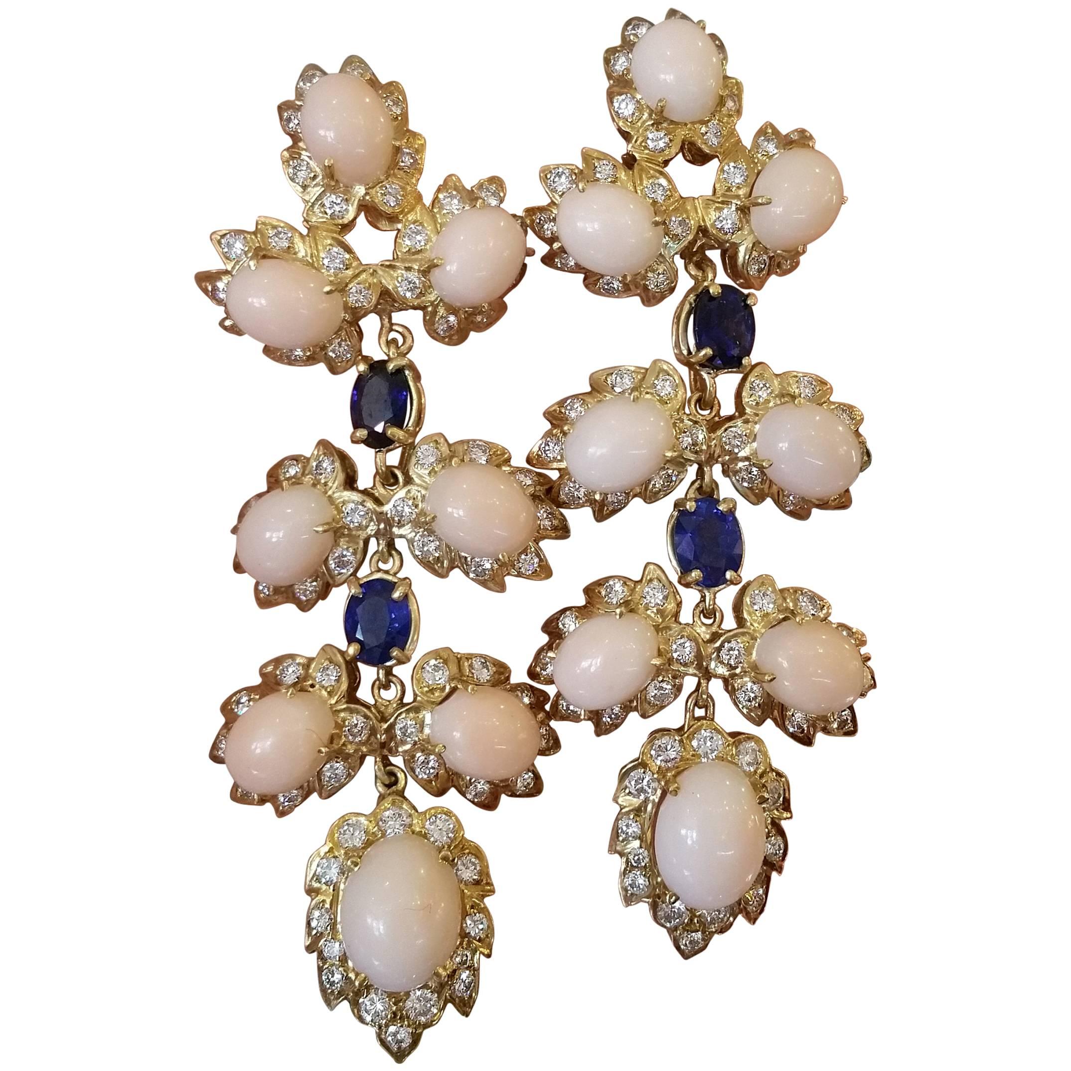 Coral Sapphire Diamond Gold Drop Earrings  For Sale