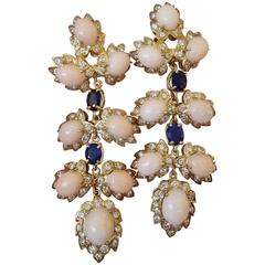 Coral Sapphire Diamond Gold Drop Earrings 