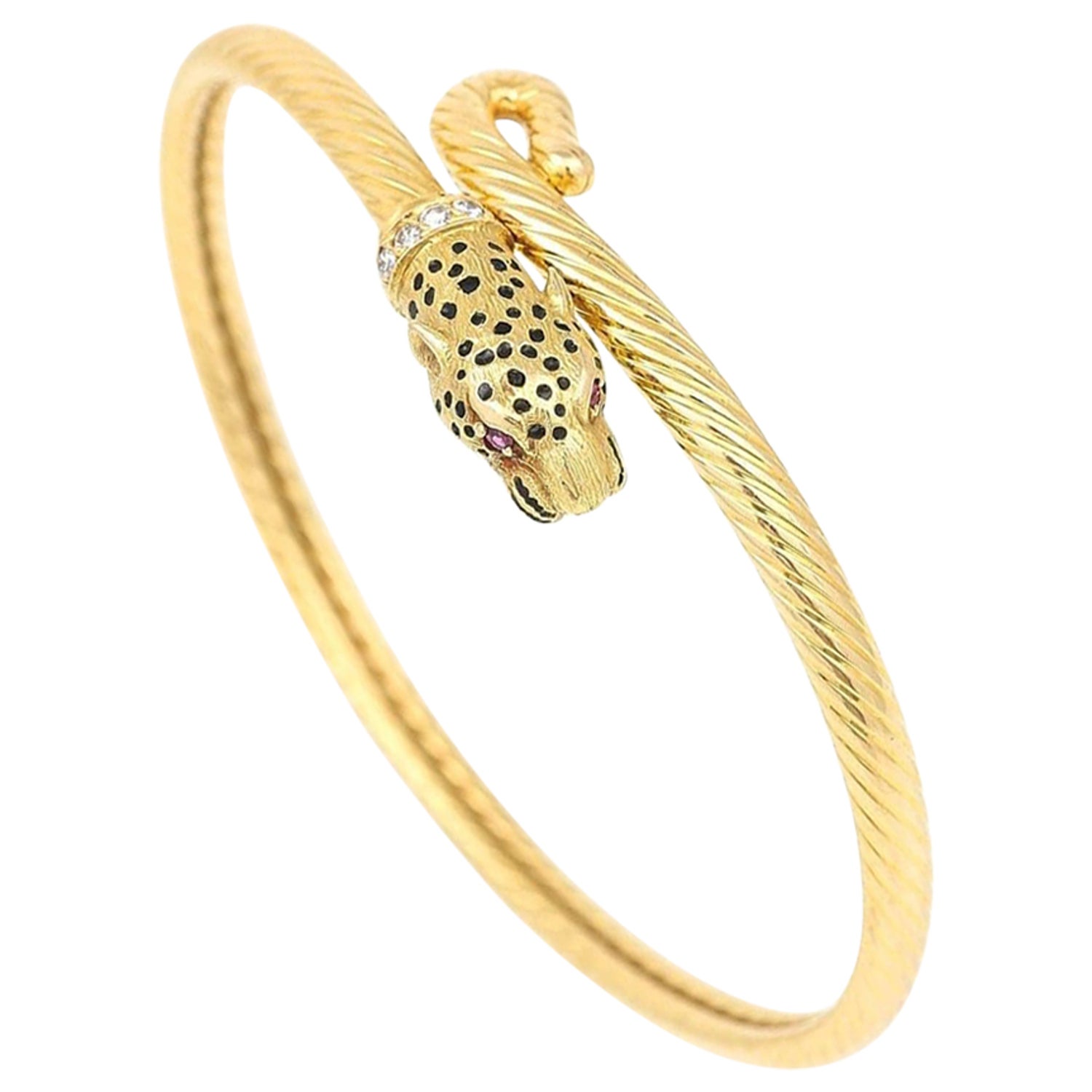Contemporary 18ct Gold Diamond, Ruby and Enamel Leopard Head Bangle at  1stDibs