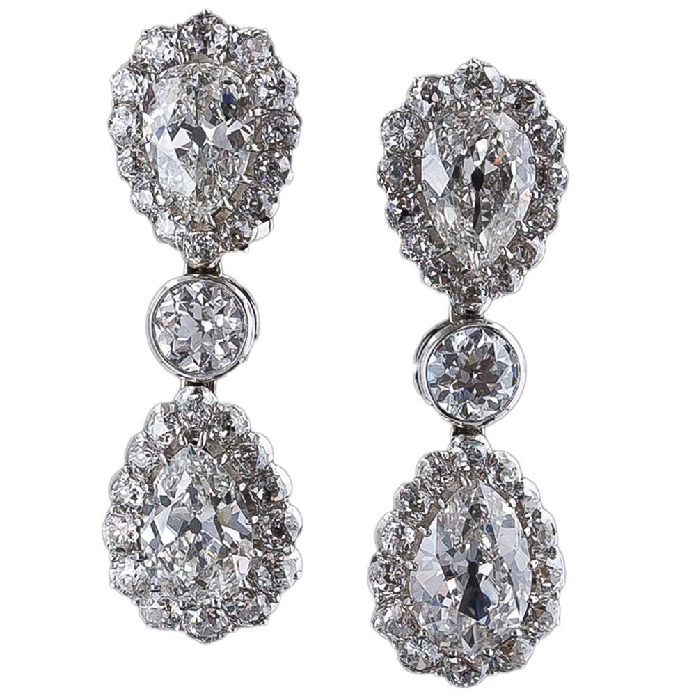 Antique 12.75 Carats Double Pear Shape Diamonds Gold Drop Earrings For Sale