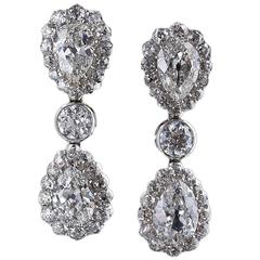 Antique 12.75 Carats Double Pear Shape Diamonds Gold Drop Earrings