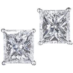 3.02 Carat Princess-Cut Diamond Platinum Stud Earrings