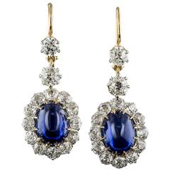 Antique 11.48 Carat Natural Cabochon Sapphire Diamond Gold Platinum Drop Earrings