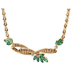 Vintage Emerald & Diamond Necklace 18 Karat Yellow Gold