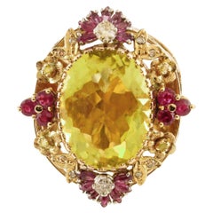 Vintage Diamonds Rubies Lemon Citrine Rose Gold Cocktail Ring