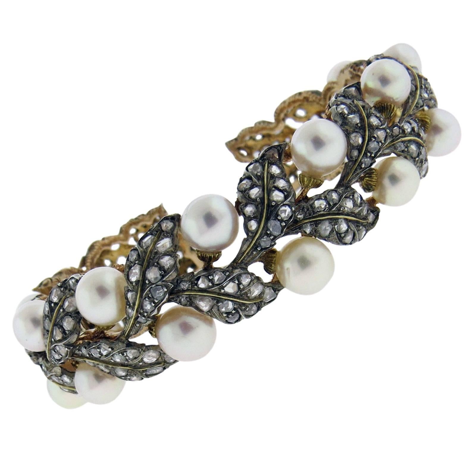 Buccellati Gold Silver Rose Cut Diamond Pearl Leaf Motif Cuff Bracelet For Sale