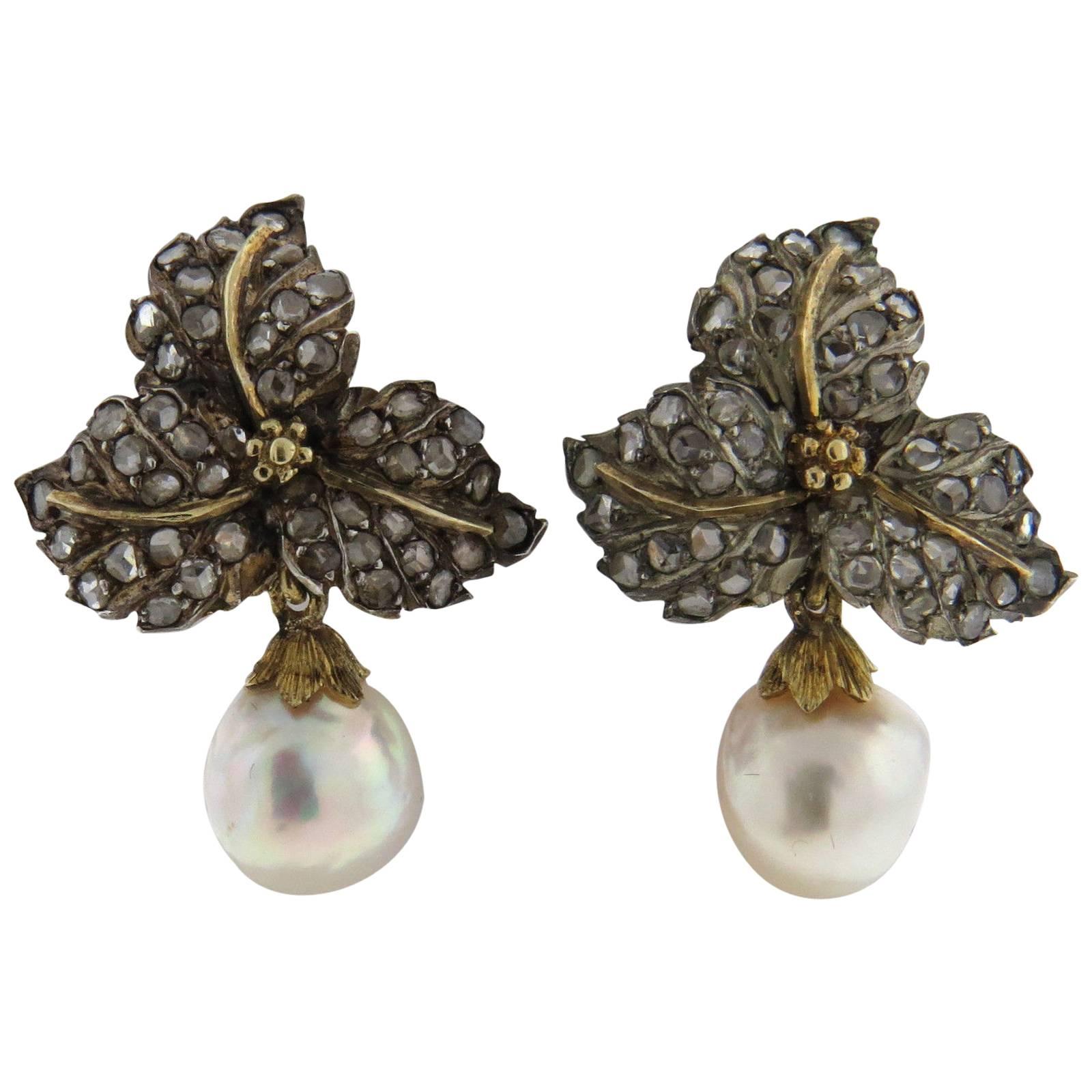 Buccellati Gold Silver Rose Cut Diamond Pearl Leaf Motif Earrings