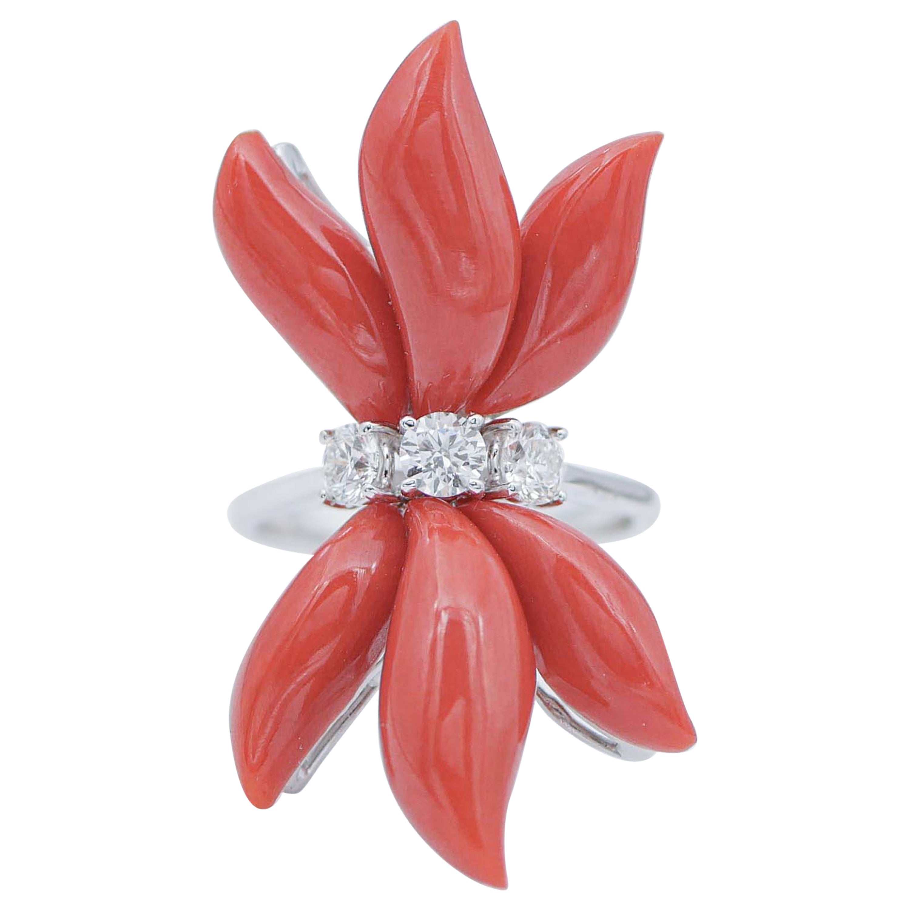 Coral, Diamonds, 18 Karat White Gold Ring For Sale