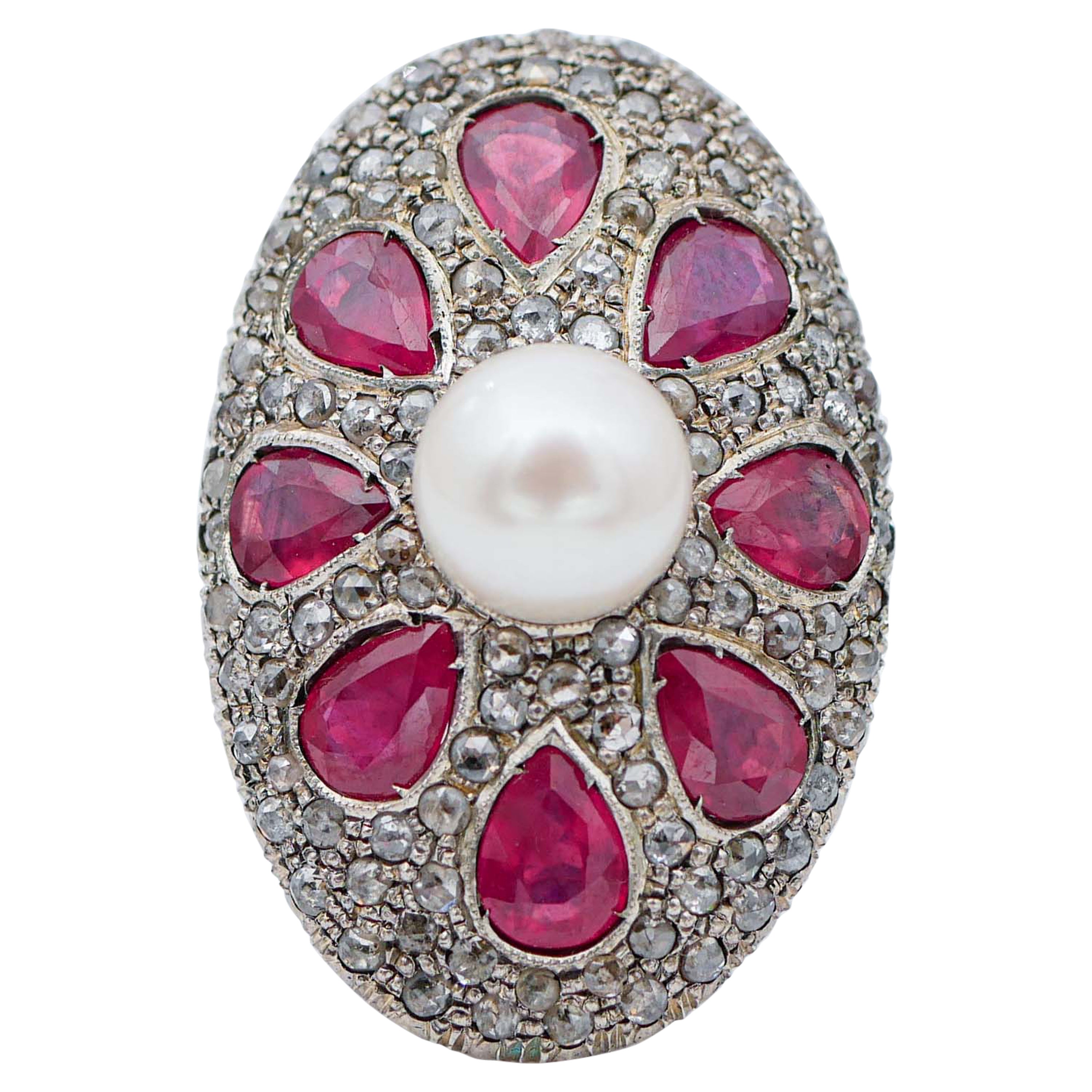 Pearl, Rubies, Diamonds, Rose Gold and Silver Retrò Ring For Sale