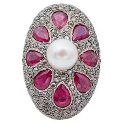 Vintage Pearl, Rubies, Diamonds, Rose Gold and Silver Retrò Ring