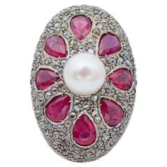 Pearl, Rubies, Diamonds, Rose Gold and Silver Retrò Ring