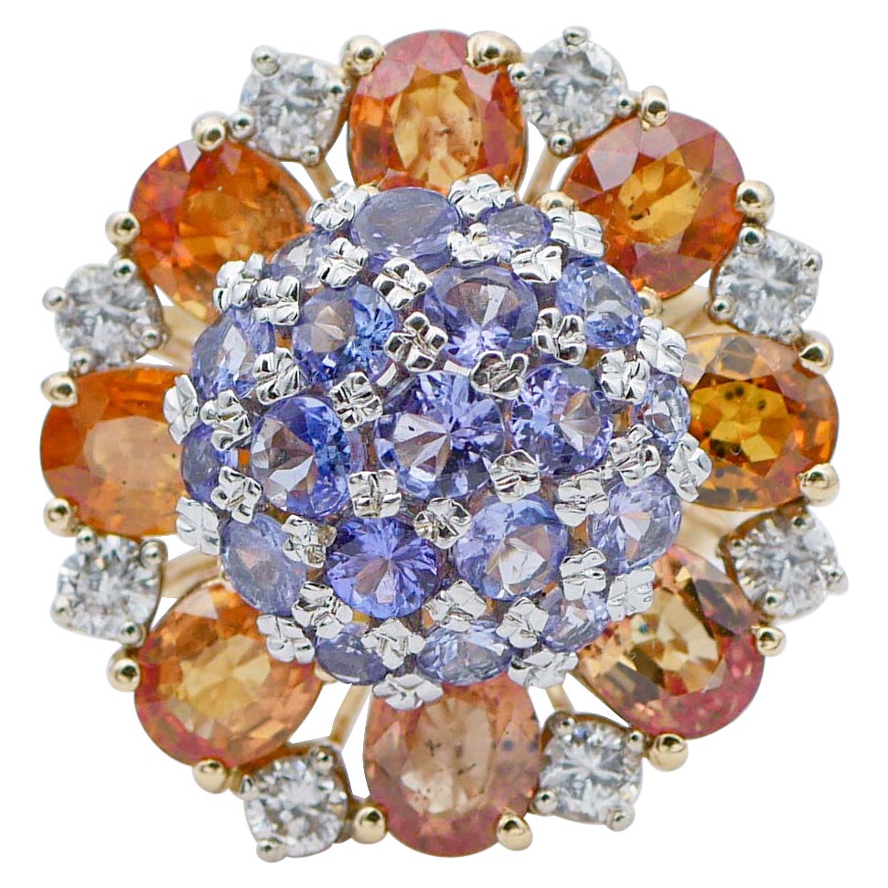 Sapphires, Tanzanite, Diamonds, 14 Karat Rose and White Gold Ring For Sale