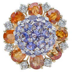 Sapphires, Tanzanite, Diamonds, 14 Karat Rose and White Gold Ring