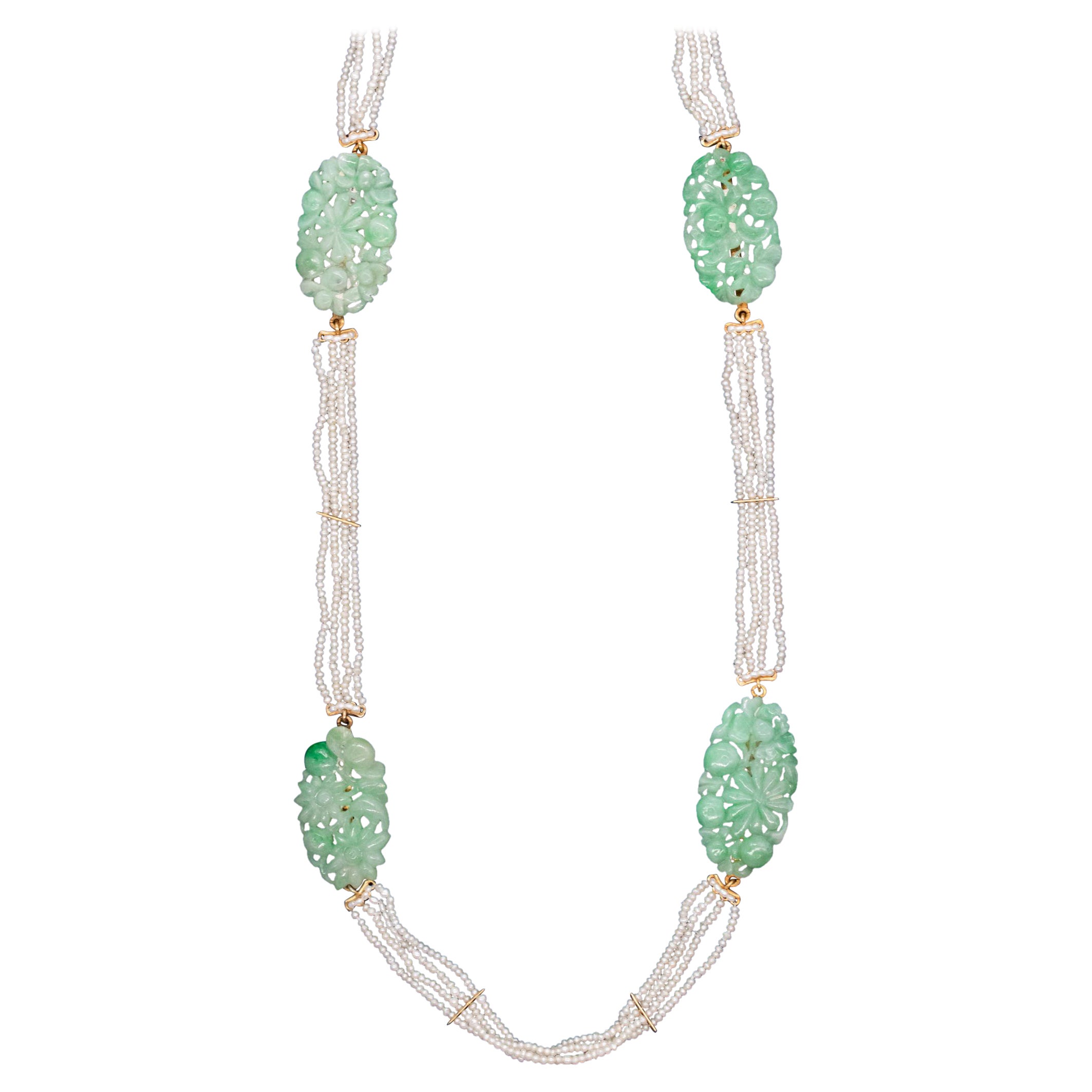 Art Deco 1920 Chinoiserie Long Sautoir In 18Kt Gold Apple Jade And Seed Pearls