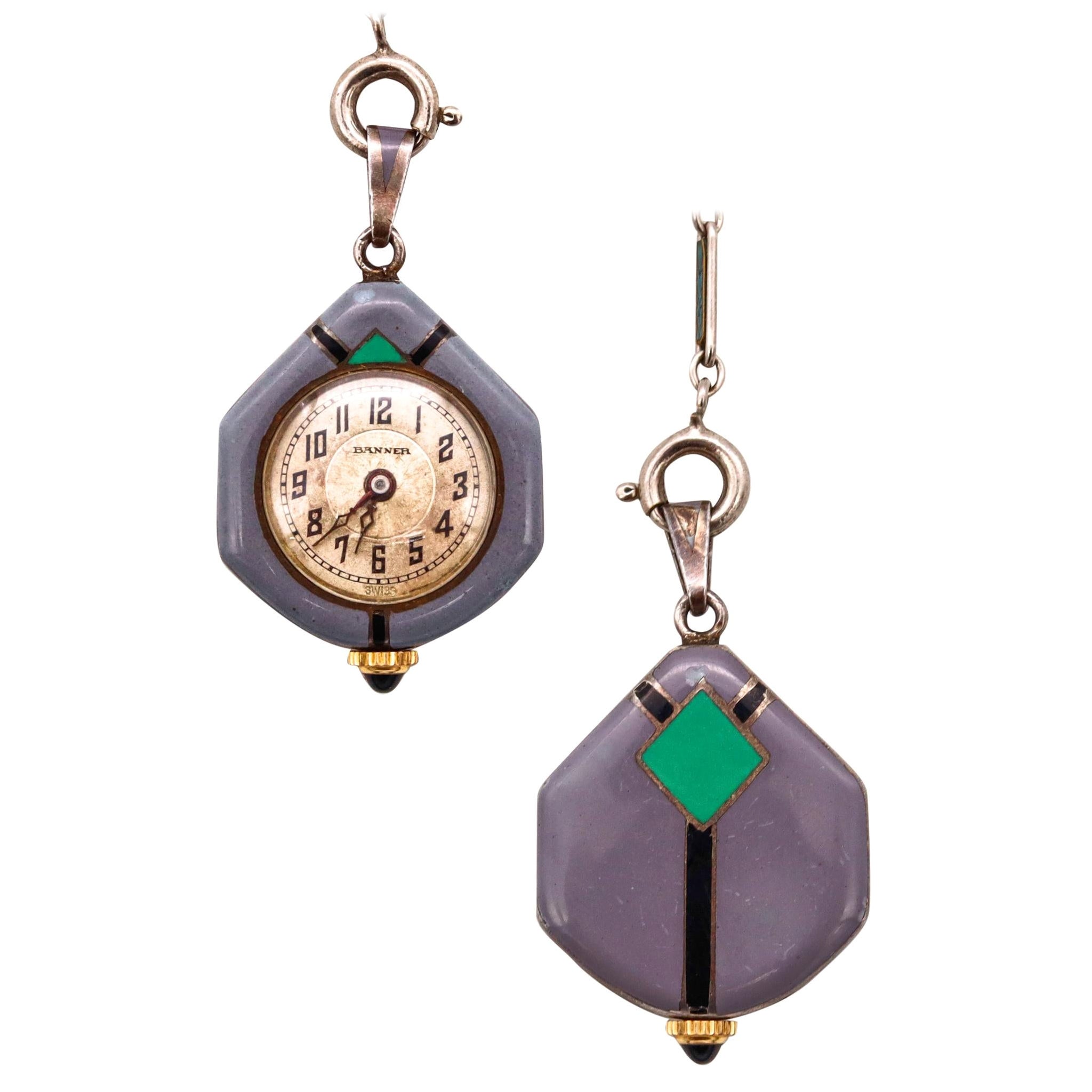 Art Deco 1930 Antique Banner Watch with Enameled Geometric with Chatelaine Chain For Sale