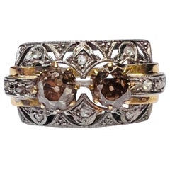 Filigraner Art-Deco-Ring aus 18 Karat Gelbgold und Platin mit schokoladenfarbenen Diamanten