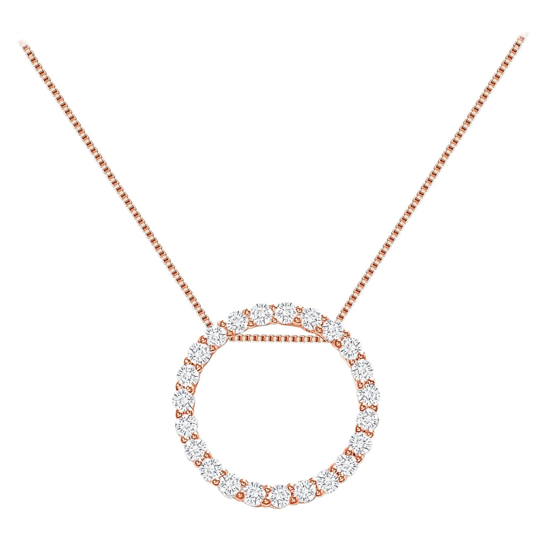 1 Carat 14k Rose Gold Natural Round Diamonds Circle Pendant Necklace For Sale