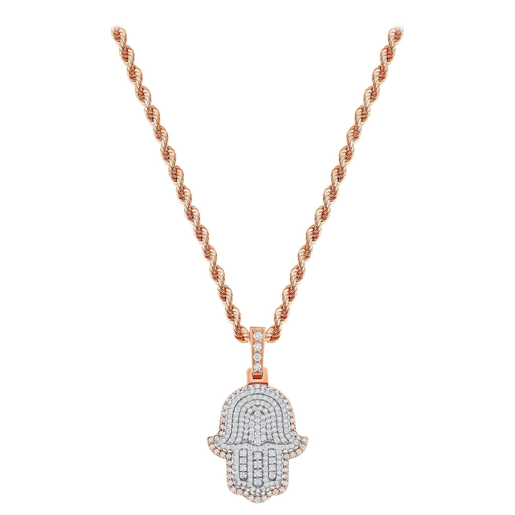 2 Carat 14k Rose Gold Hamsa Necklace Round Cut Diamonds