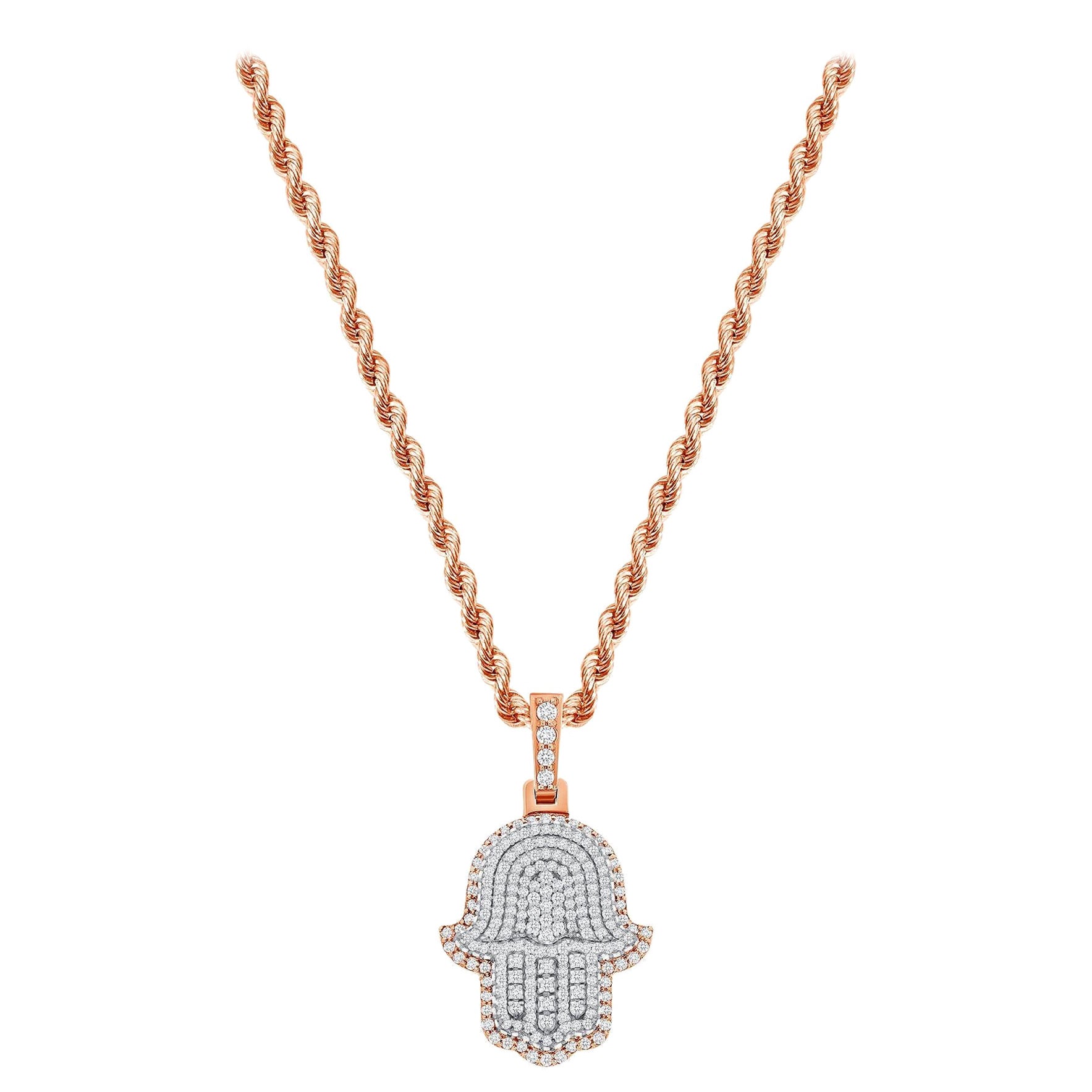 2 Carat 14k Rose Gold Hamsa Necklace Round Cut Diamonds