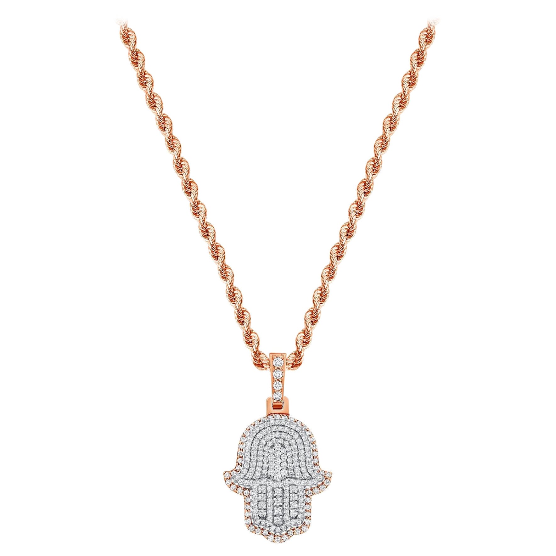 2 Carat 14k Rose Gold Hamsa Necklace Round Cut Diamonds