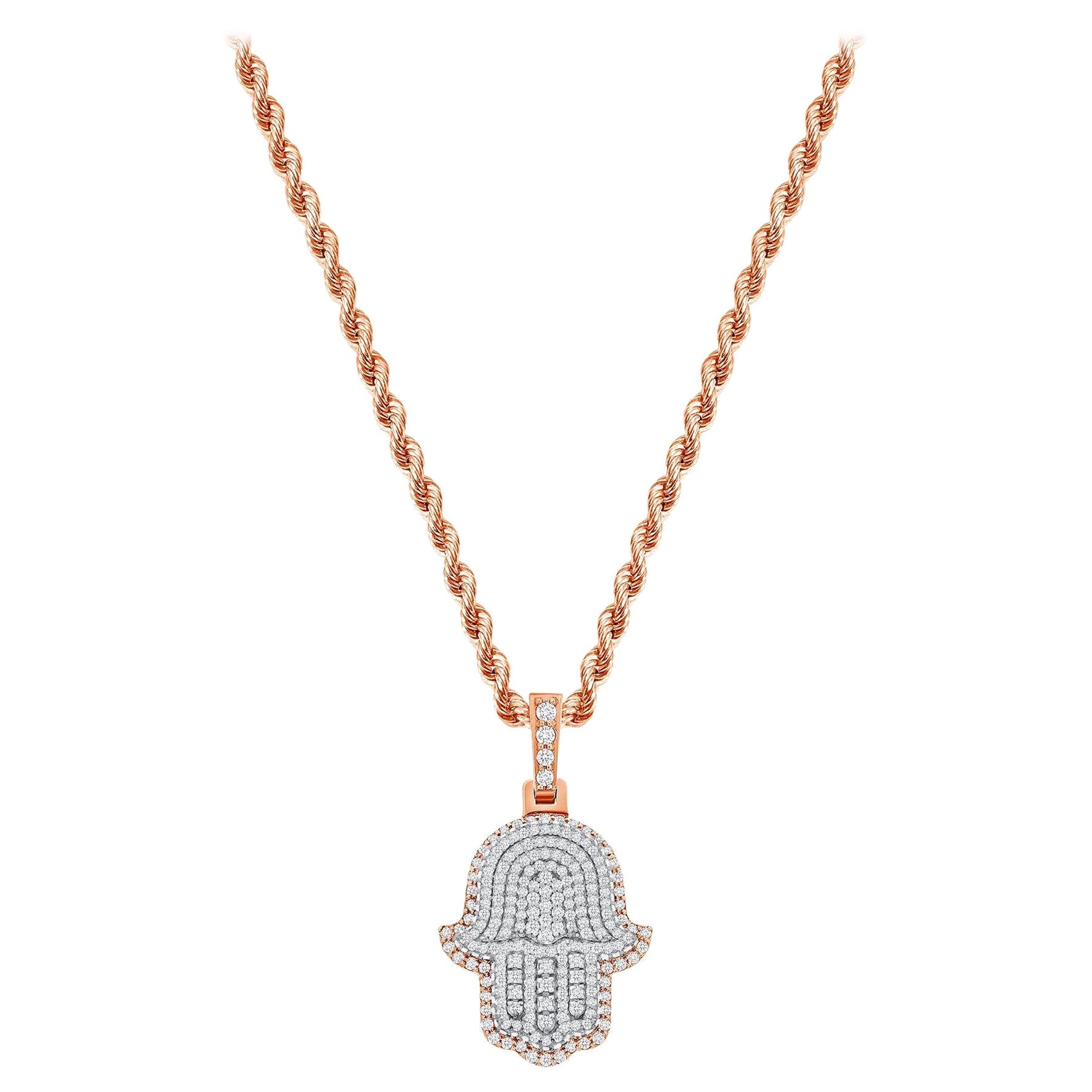 2 Carat 14k Rose Gold Hamsa Necklace Round Cut Diamonds For Sale