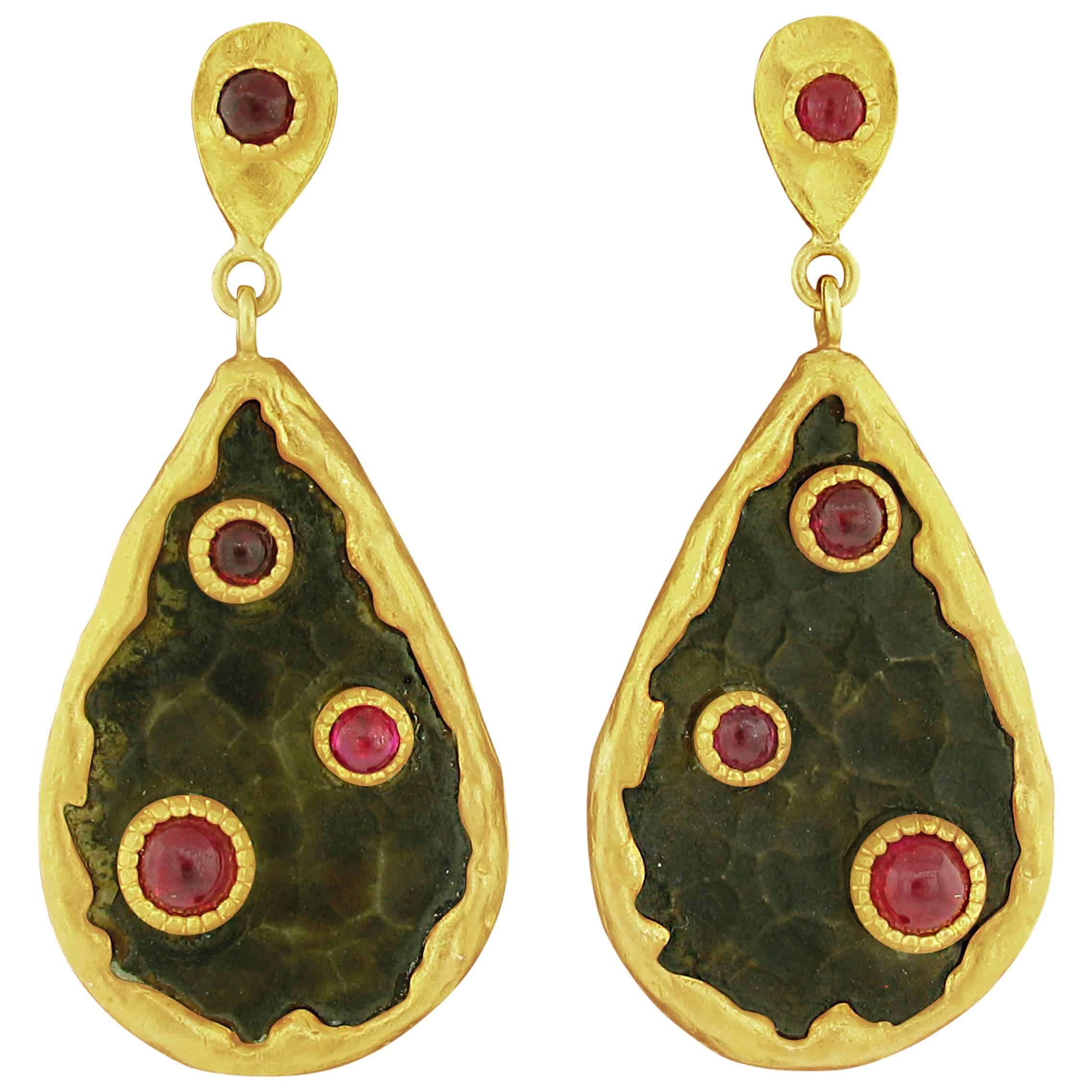 Victor Velyan Ruby Silver Gold Earrings with Brown Patina For Sale