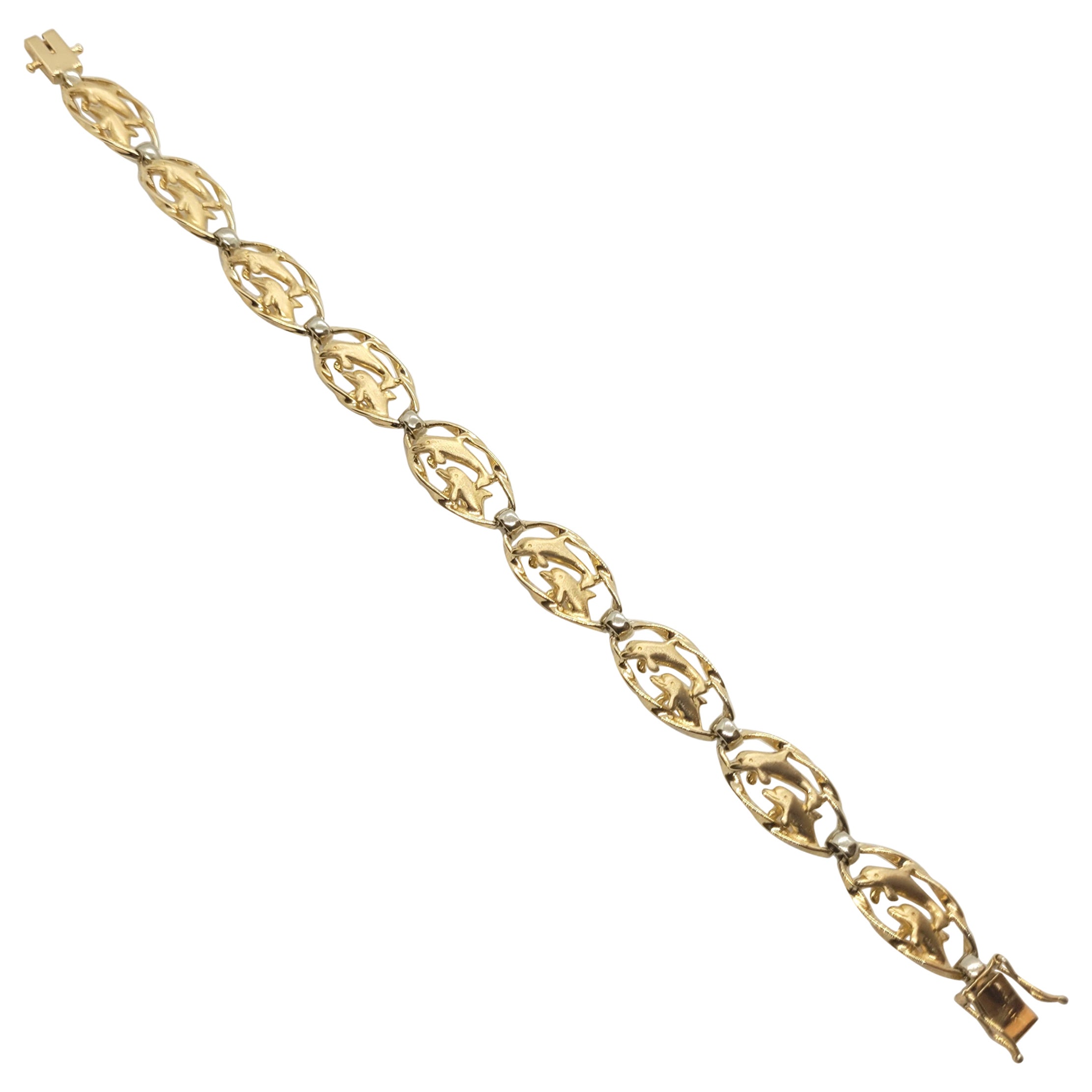 14kt Two Tone Gold Dolphin Bracelet, 11.2 Grams, Safety For Sale
