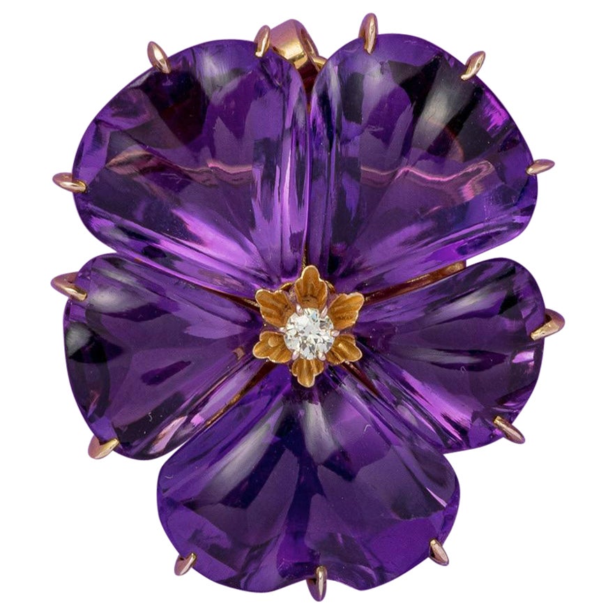 Gold Diamond and Amethyst Pansy Brooch and Pendant