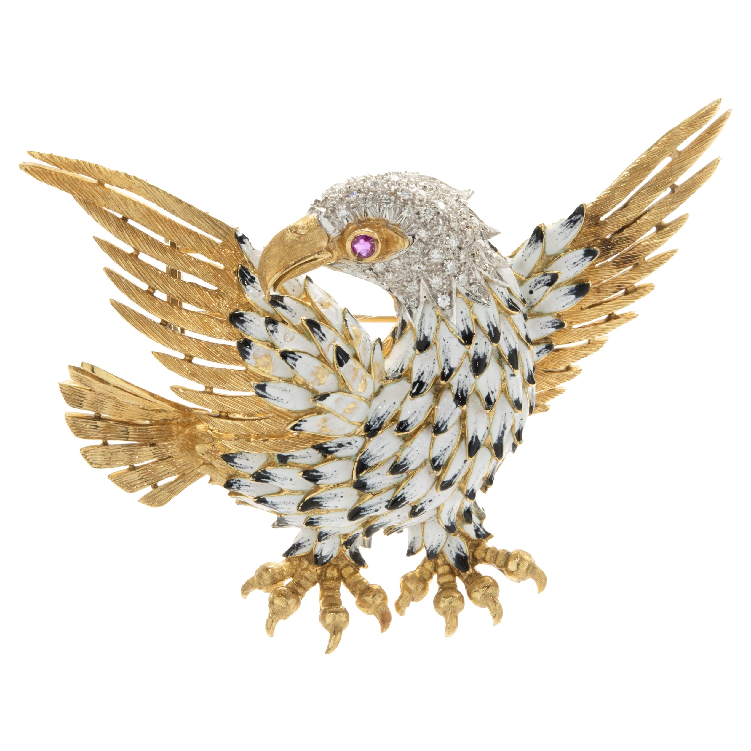 18 Karat Yellow Gold White Enamel, Pave Diamond, and Ruby Soaring Eagle