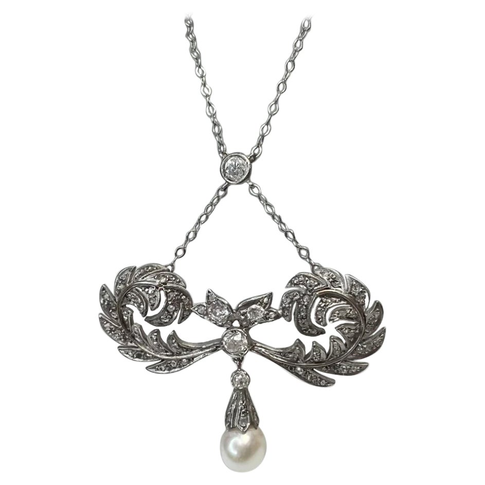 18K White Gold Edwardian Pearl & Old Mine Diamond Lariat Necklace For Sale