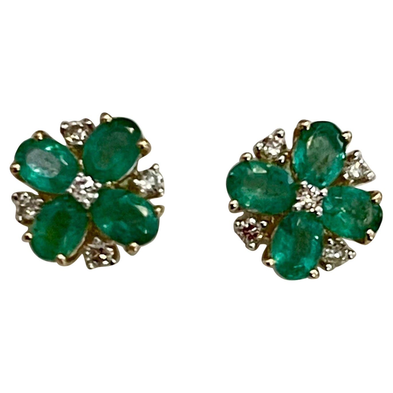 Natural Emerald and Diamonds Flower Post Earrings 14 Karat Yellow Gold