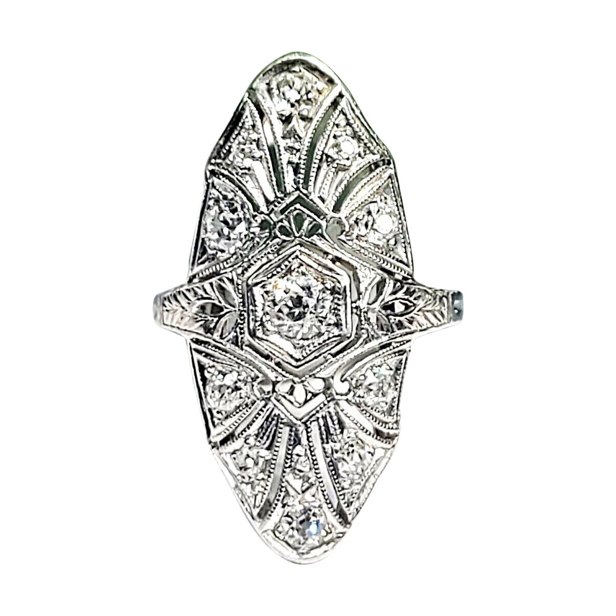 Edwardian Platinum Navette 1ctw Diamond Ring For Sale