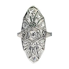 Antique Edwardian Platinum Navette 1ctw Diamond Ring