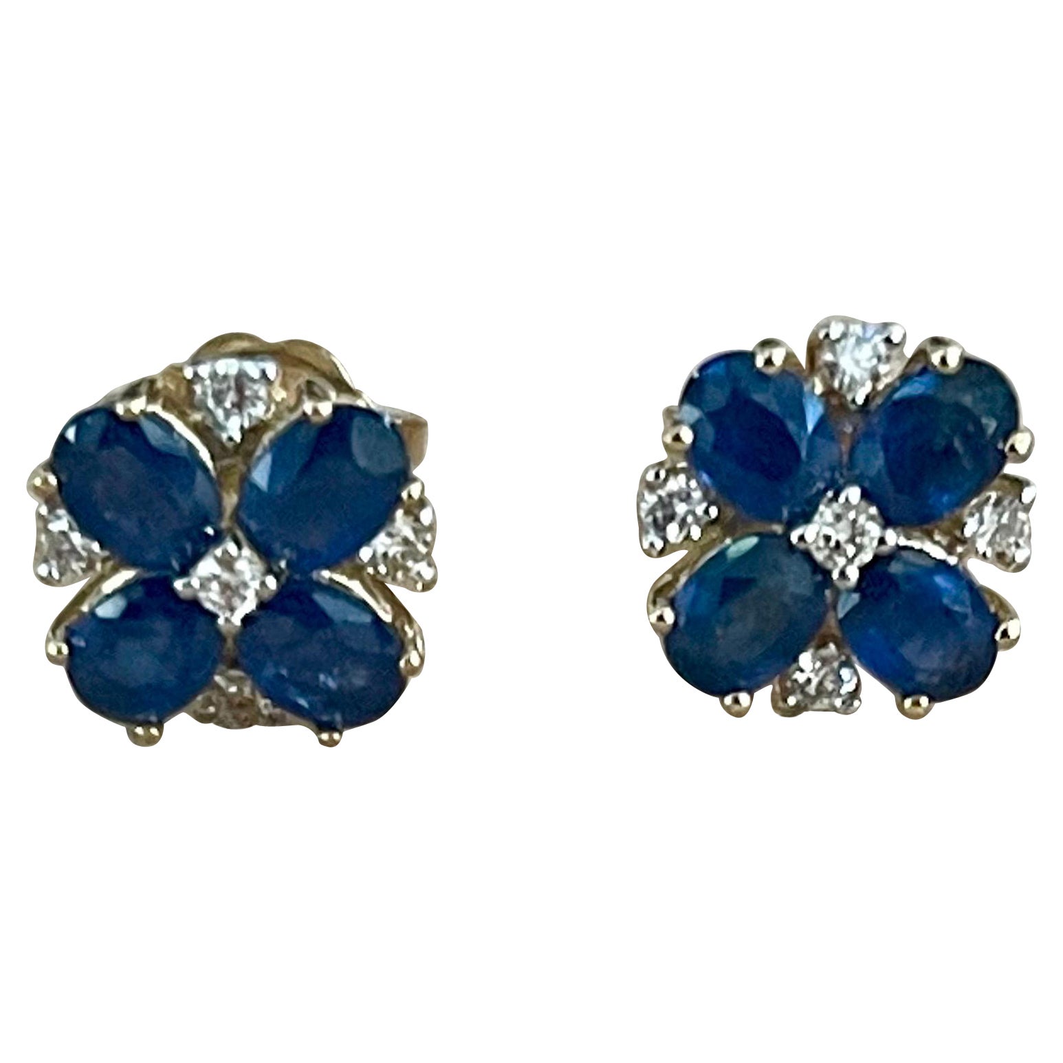 Natural Sapphire and Diamonds Flower Post Earrings 14 Karat Yellow Gold