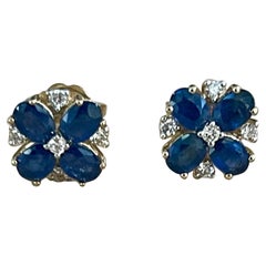 Natural Sapphire and Diamonds Flower Post Earrings 14 Karat Yellow Gold