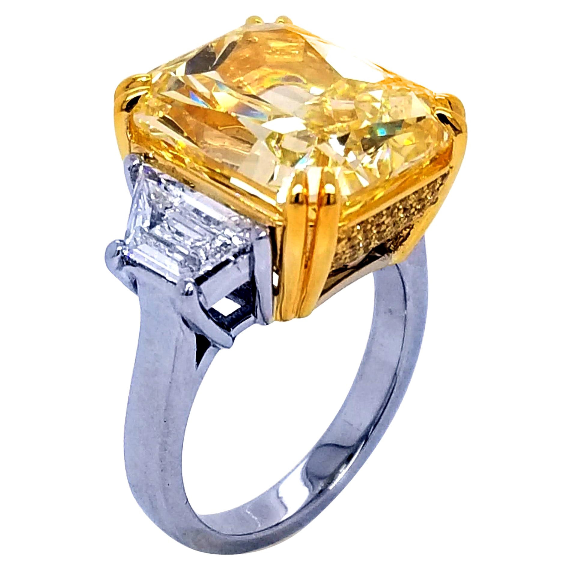 GIA 12.63ct Fancy Yellow Radiant Diamond 3-Stone Platinum Engagement Ring For Sale