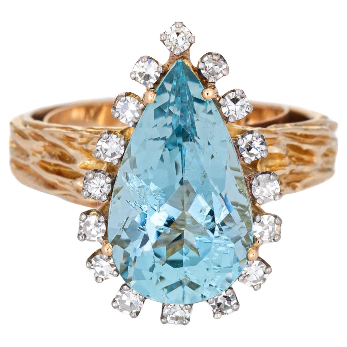 Vintage Aquamarine Diamond Ring Pear Cut 14k Yellow Gold Fine Jewelry
