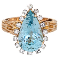Retro Aquamarine Diamond Ring Pear Cut 14k Yellow Gold Fine Jewelry