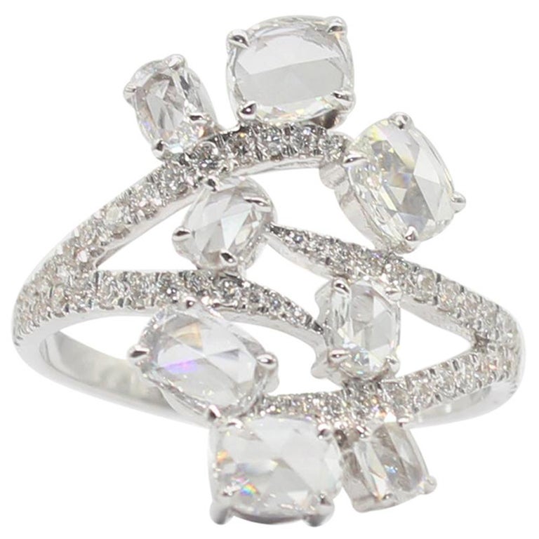 PANIM 1.39 Carats Diamond Rosecut 18 Karat White Gold Floral Ring For Sale