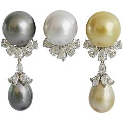 Giovane Triple South Sea Pearl Day to Night Diamond Platinum Drop Earrings