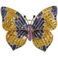 1970s Illario Sapphire Diamond Gold Butterfly Tremblant Brooch