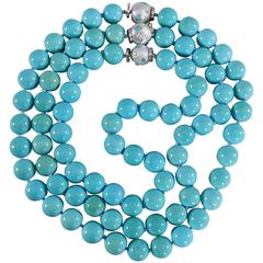 Trianon Set of Three Turquoise Bead Necklaces with Pearl  and Gold Clasp