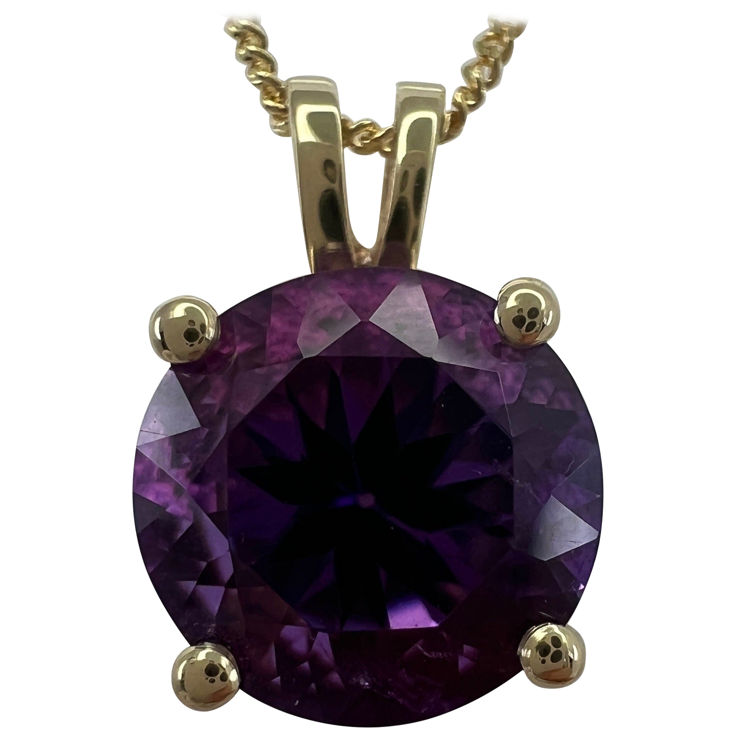 3.32 Carat Vivid Purple Amethyst Round Diamond Cut Yellow Gold Pendant Necklace For Sale