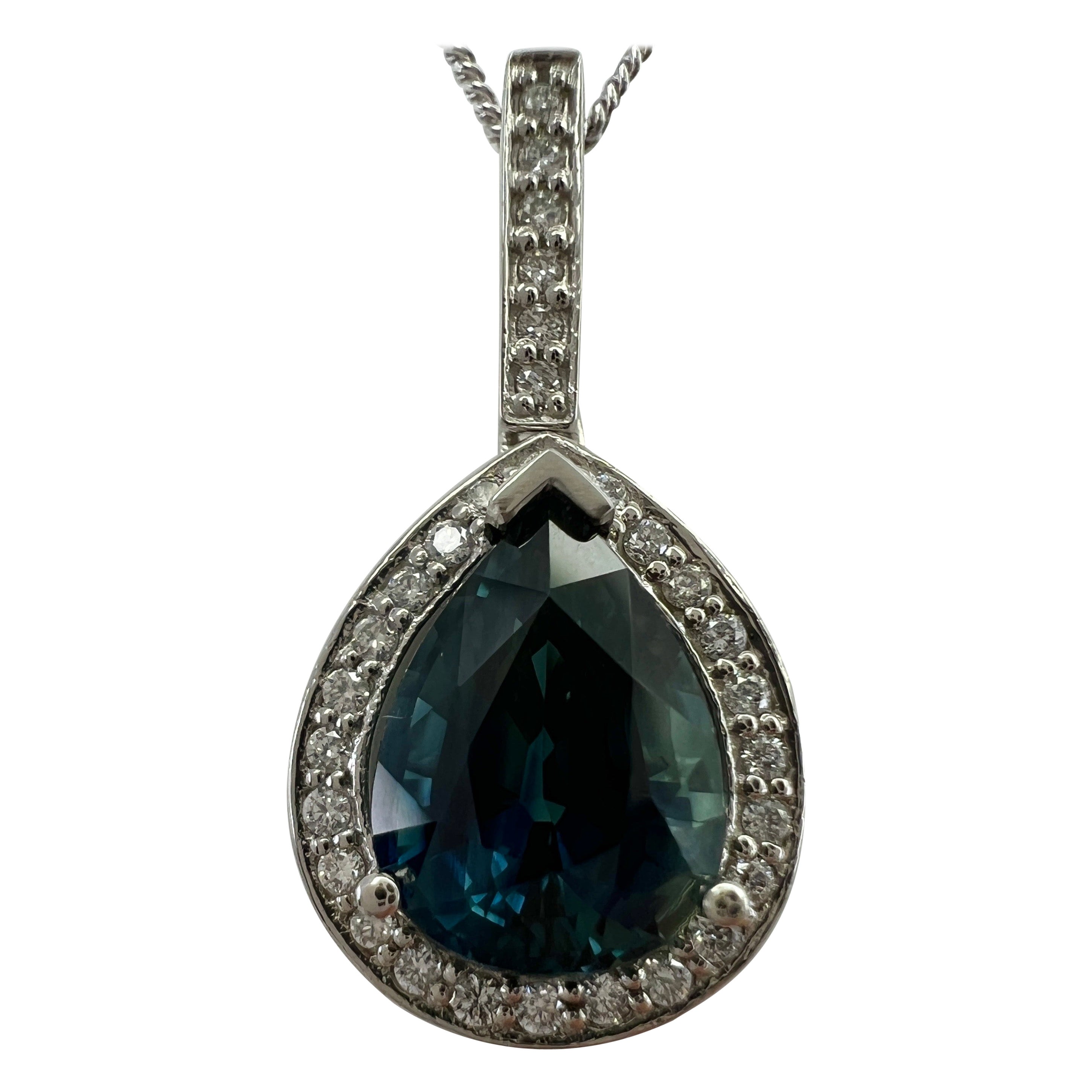 2.53ct Australian Green Blue Teal Pear Sapphire & Diamond Platinum Halo Pendant For Sale