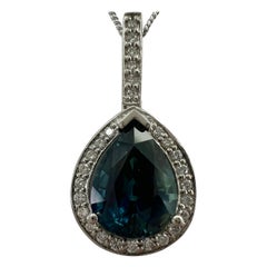 2.53ct Australian Green Blue Teal Pear Sapphire & Diamond Platinum Halo Pendant
