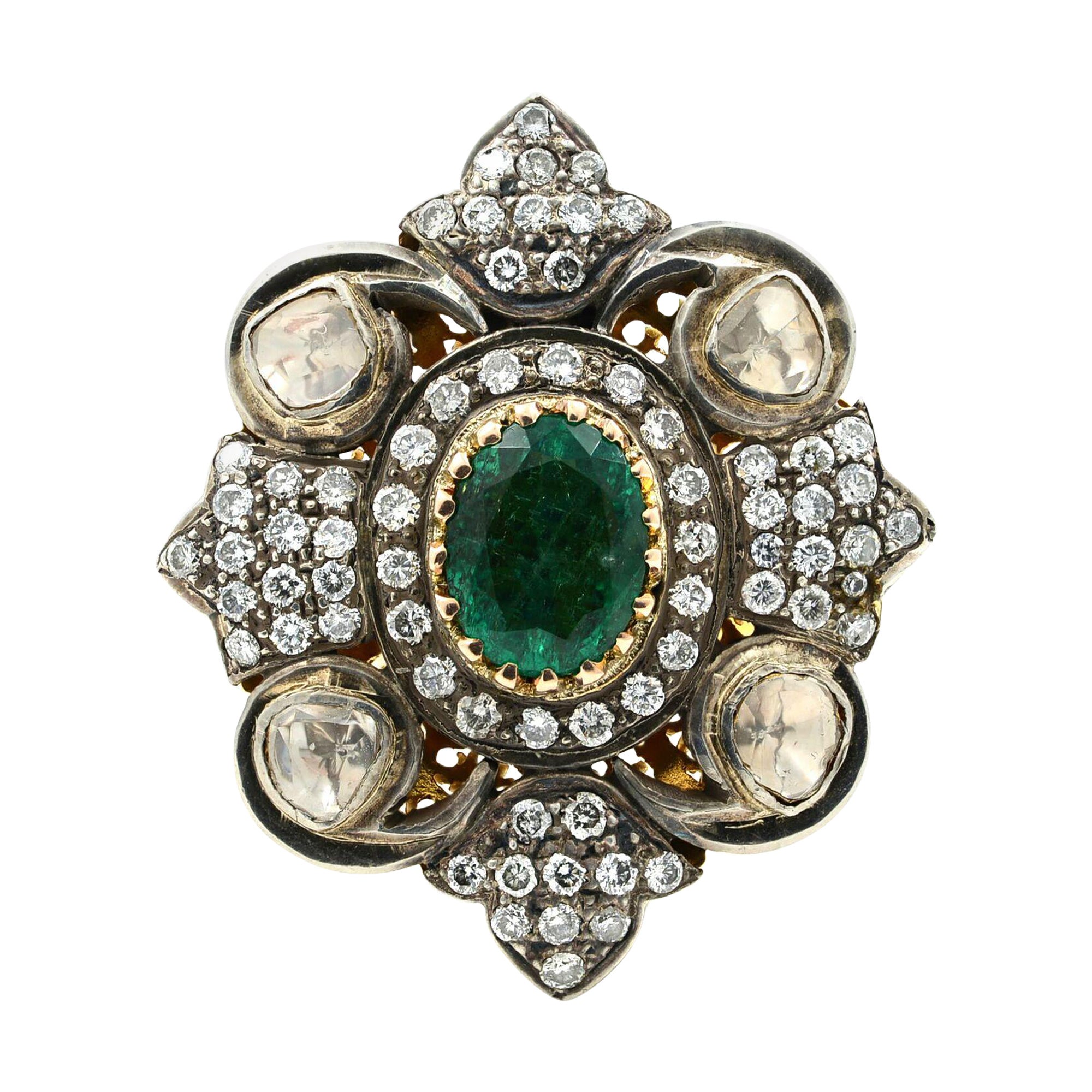 Vintage Emerald and Diamond Ring 14K Yellow & White Gold 0.69Cttw For Sale