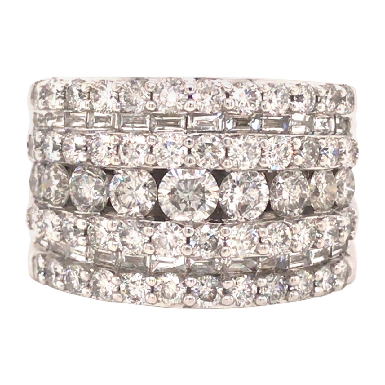 14K Wide Round and Baguette Diamond Band White Gold at 1stDibs